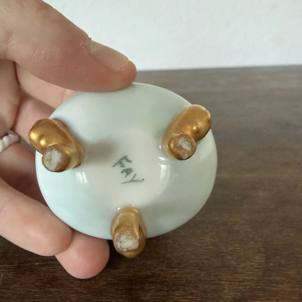 VTG English Blue Porcelain‎ Vanity Jewelry Trinket Dish Hand Painted Gold Floral